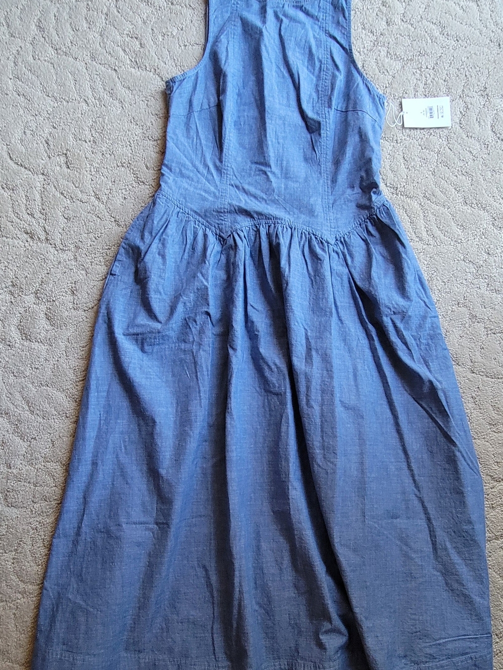 Sleeveless Blue Chambray Gathered Waist Maxi Dress